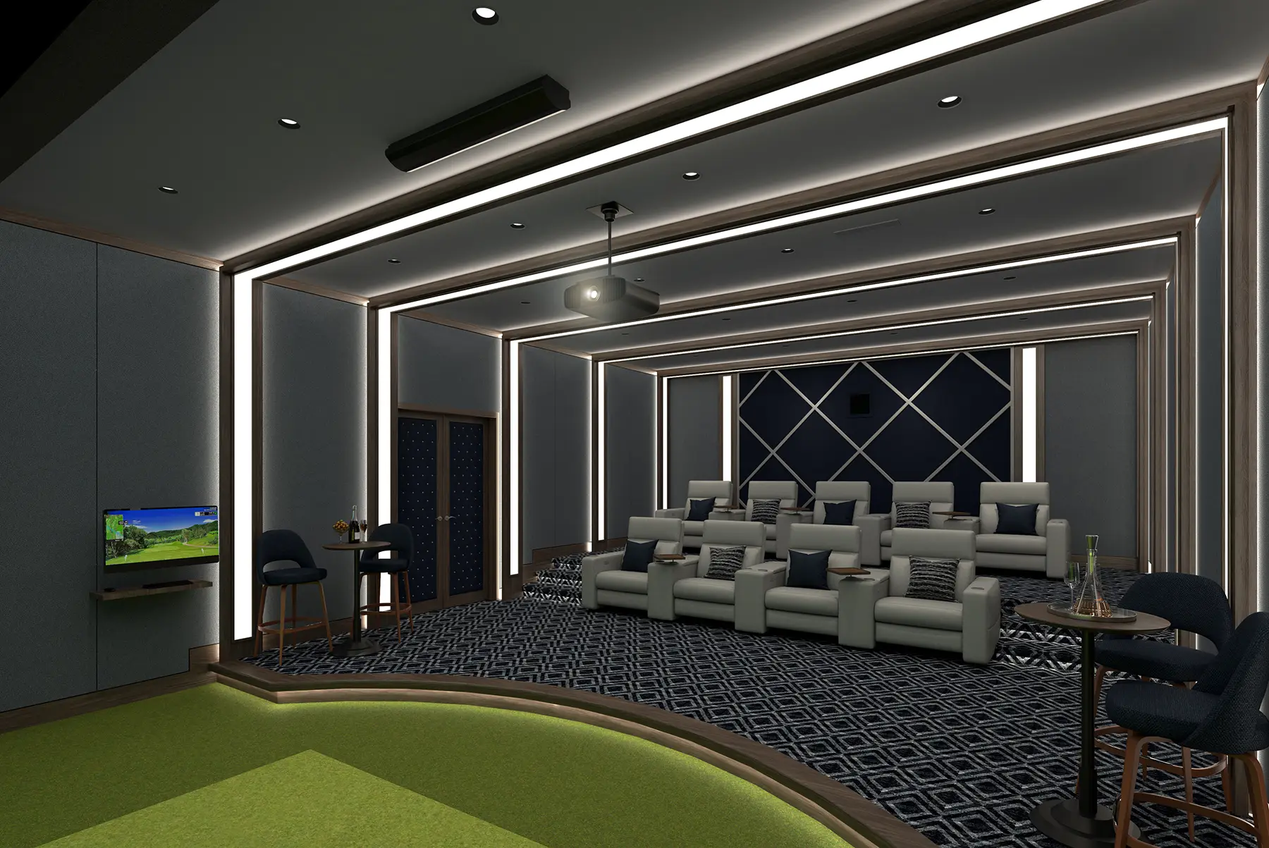 Luxury home theater with integrated golf simulator setup, featuring CinemaTech's premium seating and advanced lighting design. Ideal for creating an immersive golf simulator room with tiered seating and modern decor, this space combines high-end aesthetics with functional golf simulator room ideas. Perfectly sized and tailored to provide optimal viewing and simulation experiences, this room offers a seamless blend of comfort and performance, showcasing innovative golf simulator room dimensions and design.