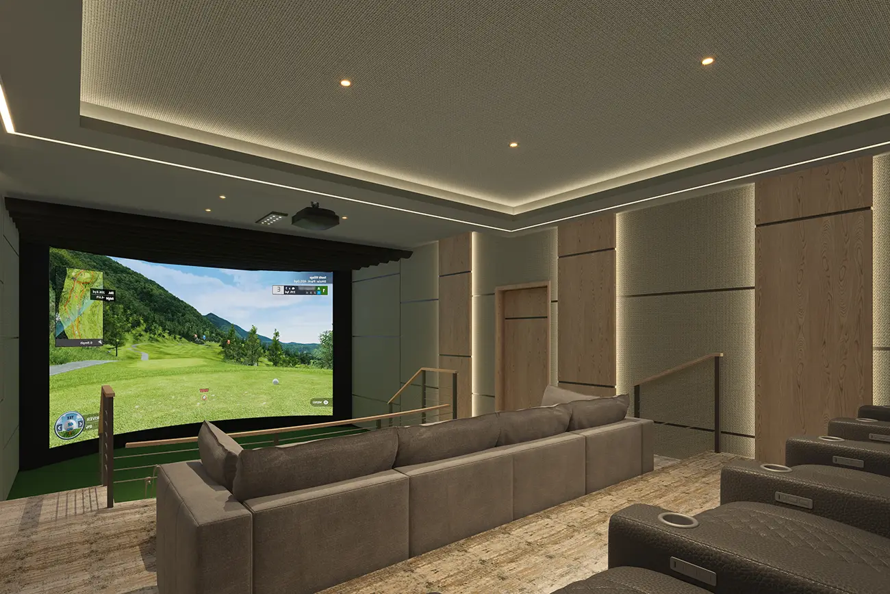 Luxurious home theater and golf simulator room, featuring CinemaTech’s premium seating and immersive lighting. Perfect for designing a golf simulator room that blends high-end theater aesthetics with an indoor golf experience. This versatile setup accommodates both movie nights and virtual golf sessions, showcasing the ideal golf simulator room dimensions for maximum comfort and functionality.