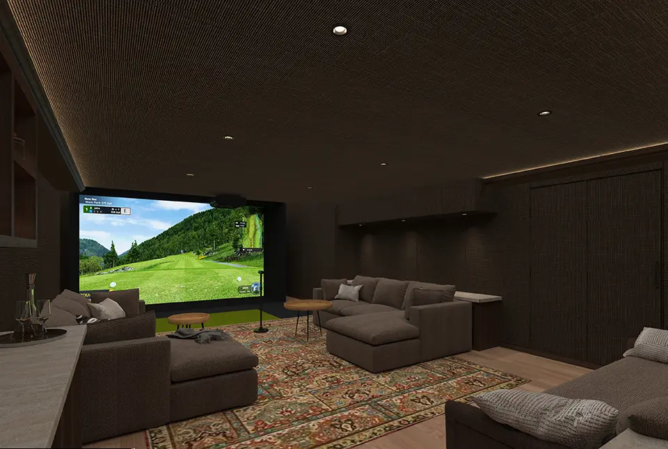 Elegant home theater with a golf simulator, showcasing CinemaTech’s expertise in designing golf simulator rooms. This luxurious setup offers inspiration for golf simulator room ideas, complete with custom sectional seating, perfect room dimensions, and ambient lighting. The ideal blend of Golf Simulator Room design and immersive entertainment for a multi-functional space tailored to golf simulator room dimensions.